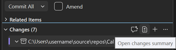 Aprire il pulsante di riepilogo delle modifiche nella barra degli strumenti Modifiche Git
