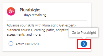 Screenshot che mostra il riquadro del vantaggio Pluralsight nella sottoscrizione di Visual Studio dopo l'attivazione.