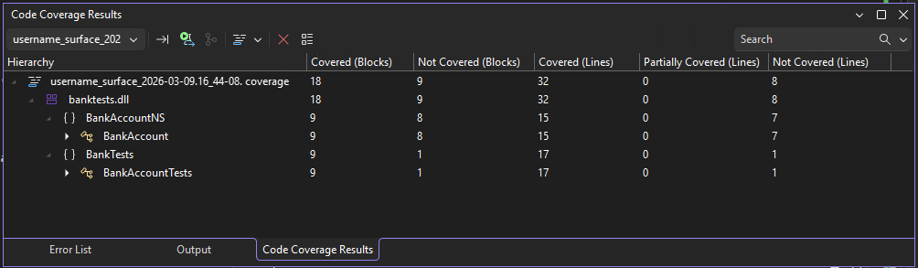 Screenshot della finestra Risultati della Coverage del Codice.