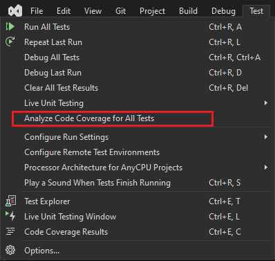 Screenshot del menu Test con l'opzione Analizza copertura del codice evidenziata.