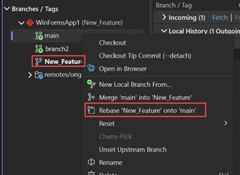 Screenshot della ribasatura dei rami in Visual Studio.