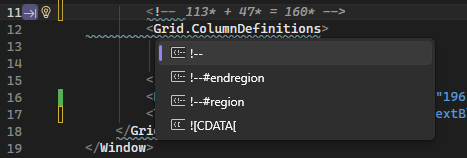 Screenshot della finestra di dialogo per aggiungere commenti facendo clic con il pulsante destro del mouse nell'editor di codice XAML.