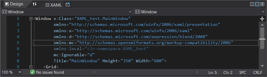 Screenshot della finestra dell'editor di codice XAML in Visual Studio.