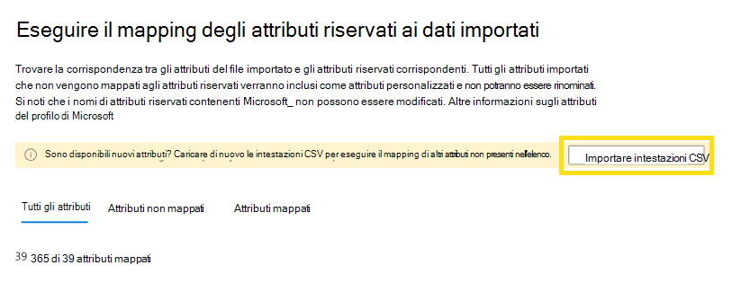 Screenshot che mostra come importare le intestazioni CSV.