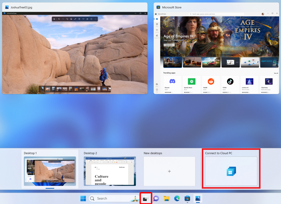 A screenshot che mostra una casella di sviluppo aggiunta alla visualizzazione Attività in Windows 11.