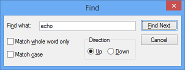 Screenshot della finestra di dialogo Trova in WinDbg alla ricerca del termine 