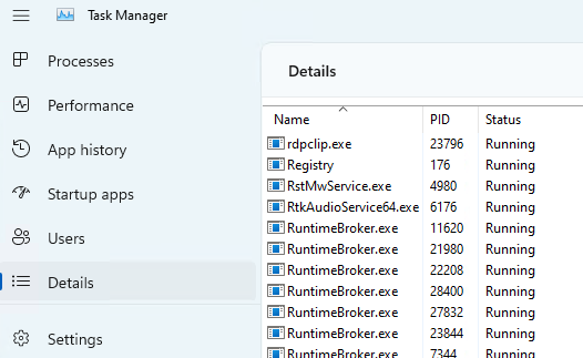 Screenshot della scheda Dettagli di Task Manager che mostra gli ID dei processi nella colonna PID.