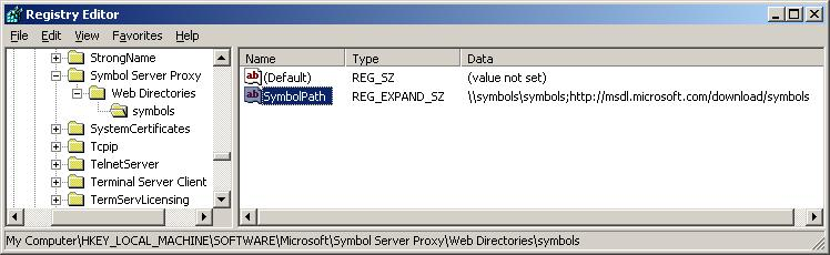 Screenshot dell'Editor del Registro di sistema che mostra un SymbolPath aggiornato.