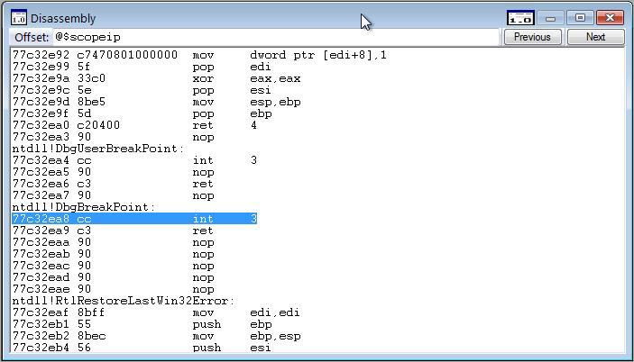 Schermata della finestra di Disassembly in WinDbg.