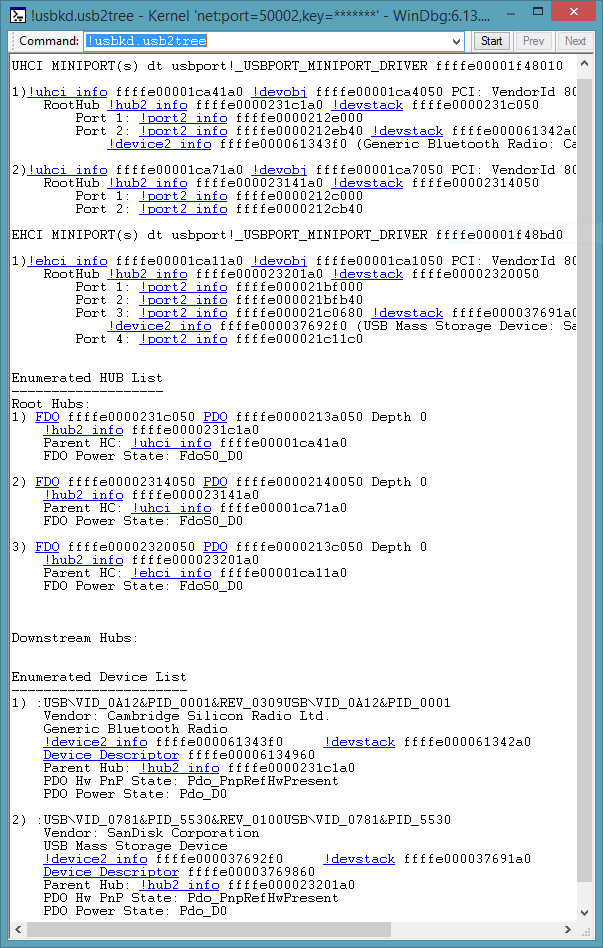 Screenshot dell'output del comando !usbkd.usb2tree che mostra informazioni UHCI, EHCI e un elenco di hub enumerato.