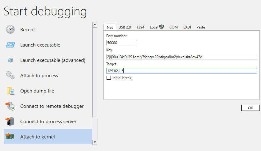 Screenshot del riquadro Avvia debug con il menu Attacca al kernel che mostra la scheda Net.