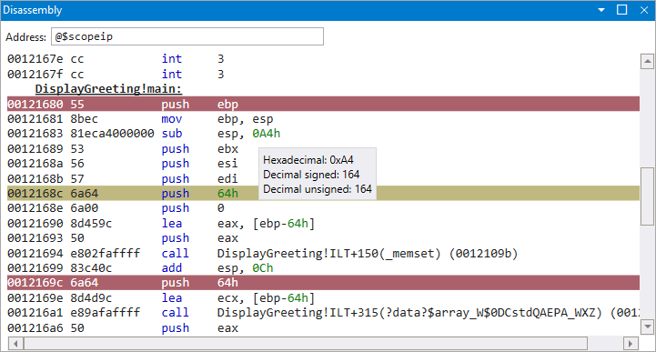 Screenshot della finestra Disassembly in WinDbg.