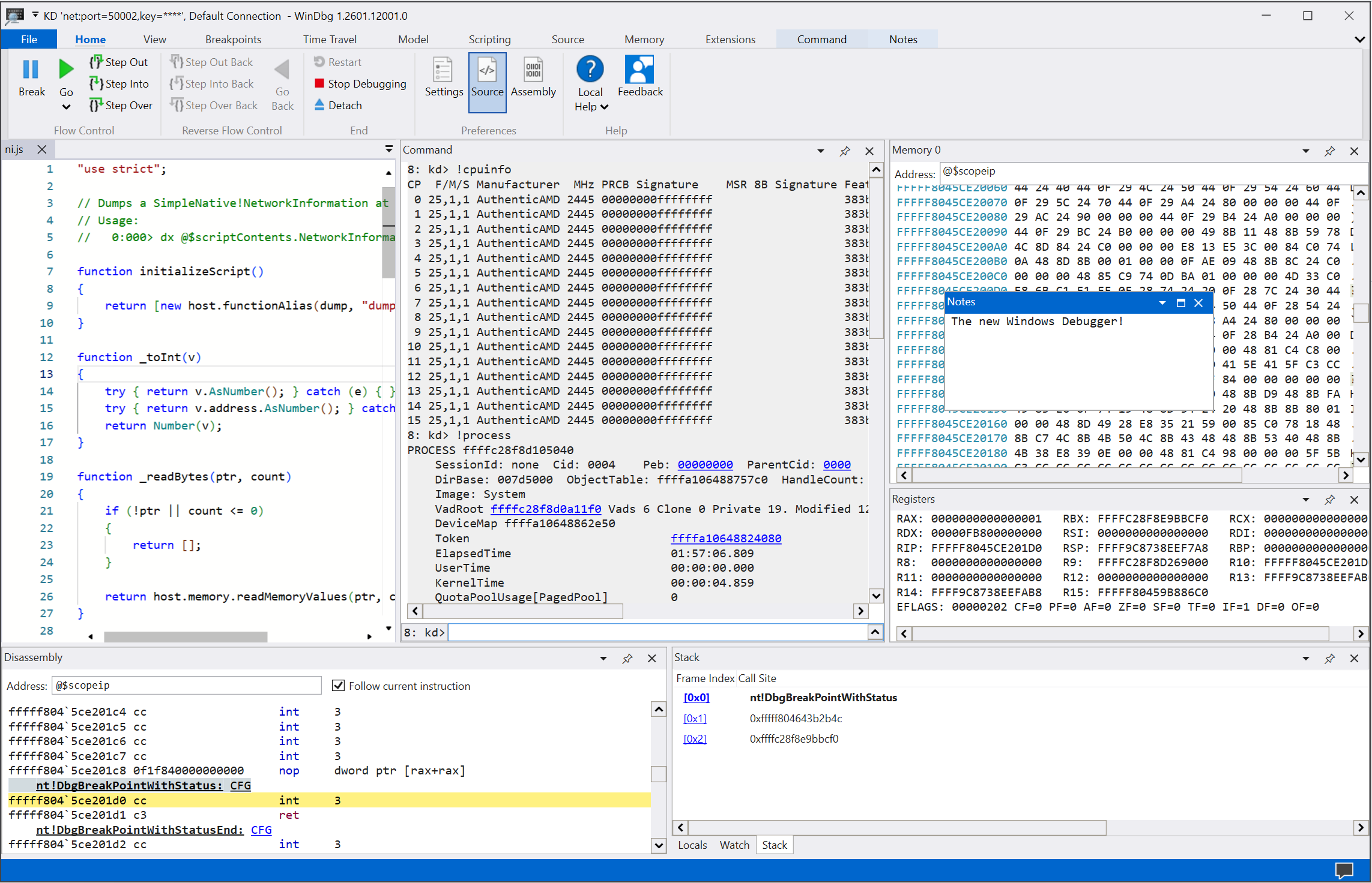 Screenshot della schermata principale in WinDbg.