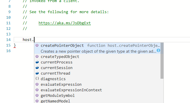 Screenshot della finestra Scripting in WinDbg con IntelliSense ed evidenziazione degli errori.