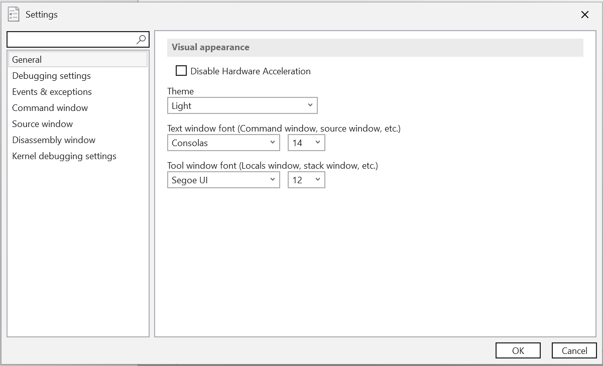 Screenshot del menu Impostazioni WinDbg che mostra la scheda Generale.