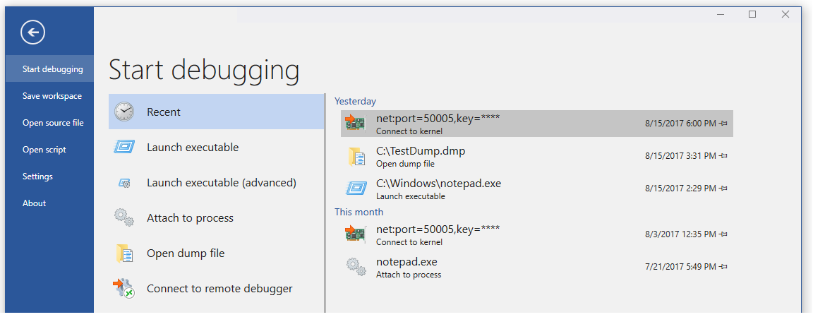 Screenshot della schermata di avvio del debug in WinDbg.