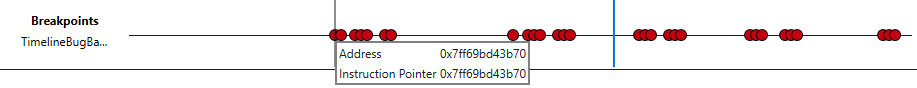 Screenshot di una sequenza temporale nel debugger che mostra circa 30 indicatori di punti di interruzione.