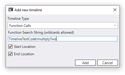 Screenshot dell'aggiunta di una sequenza temporale nel debugger con un nome di chiamata di funzione immesso.