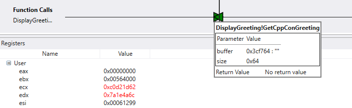 Screenshot di una sequenza temporale nel debugger che visualizza le chiamate di funzione e la finestra Registri.