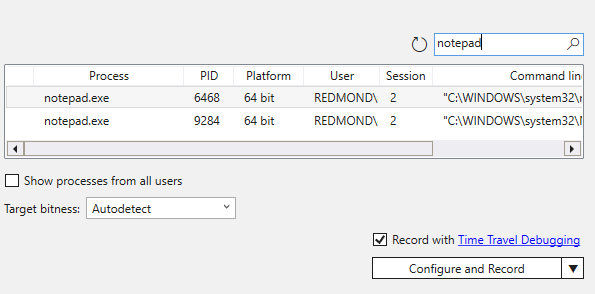 Screenshot della finestra di dialogo del record del processo in WinDbg con un processo Notepad selezionato per la registrazione.