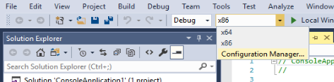 Screenshot della barra degli strumenti di Visual Studio che mostra l'opzione Configuration Manager nel menu a discesa della piattaforma della soluzione.