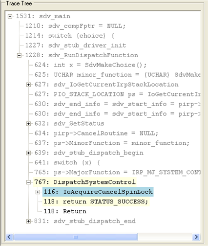 Screenshot della visualizzazione di apertura della finestra Visualizzatore difetti del driver statico per una violazione della regola CancelSpinLock.