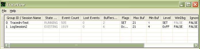 Screenshot dell'elenco di sessioni di traccia che mostra una sessione di traccia in esecuzione e un file di log di traccia.