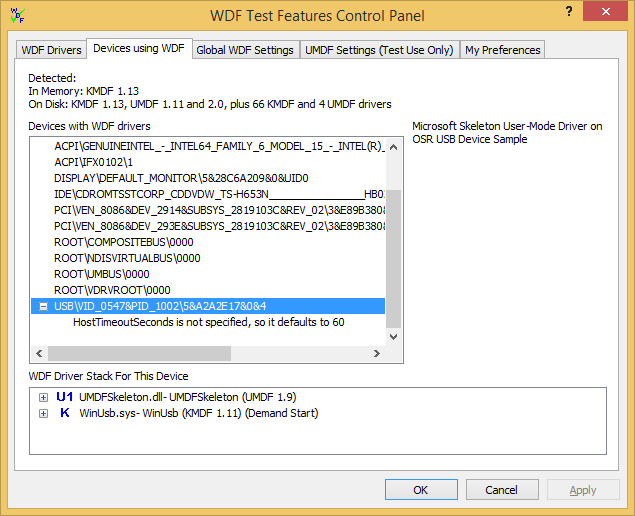 Screenshot della scheda Dispositivi che usano WDF nel Verificatore WDF.