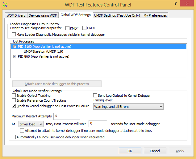 Schermata della scheda Impostazioni globali di WDF in WDF Verifier.