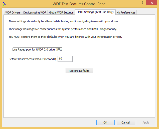 Screenshot della scheda Impostazioni UMDF (solo per uso di test) in WDF Verifier.