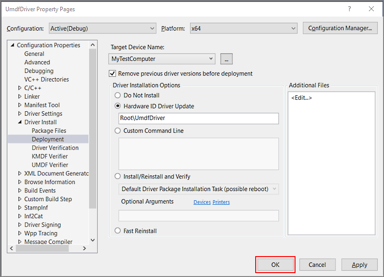 schermata delle pagine delle proprietà di UMDFDriver, che mostra l'installazione selezionata del driver di distribuzione