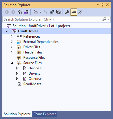 Screenshot di Esplora Soluzioni che mostra i file del progetto driver.
