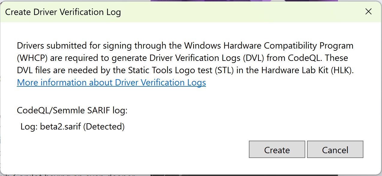 Screenshot della notifica di Visual Studio per la generazione di CodeQL DVL.