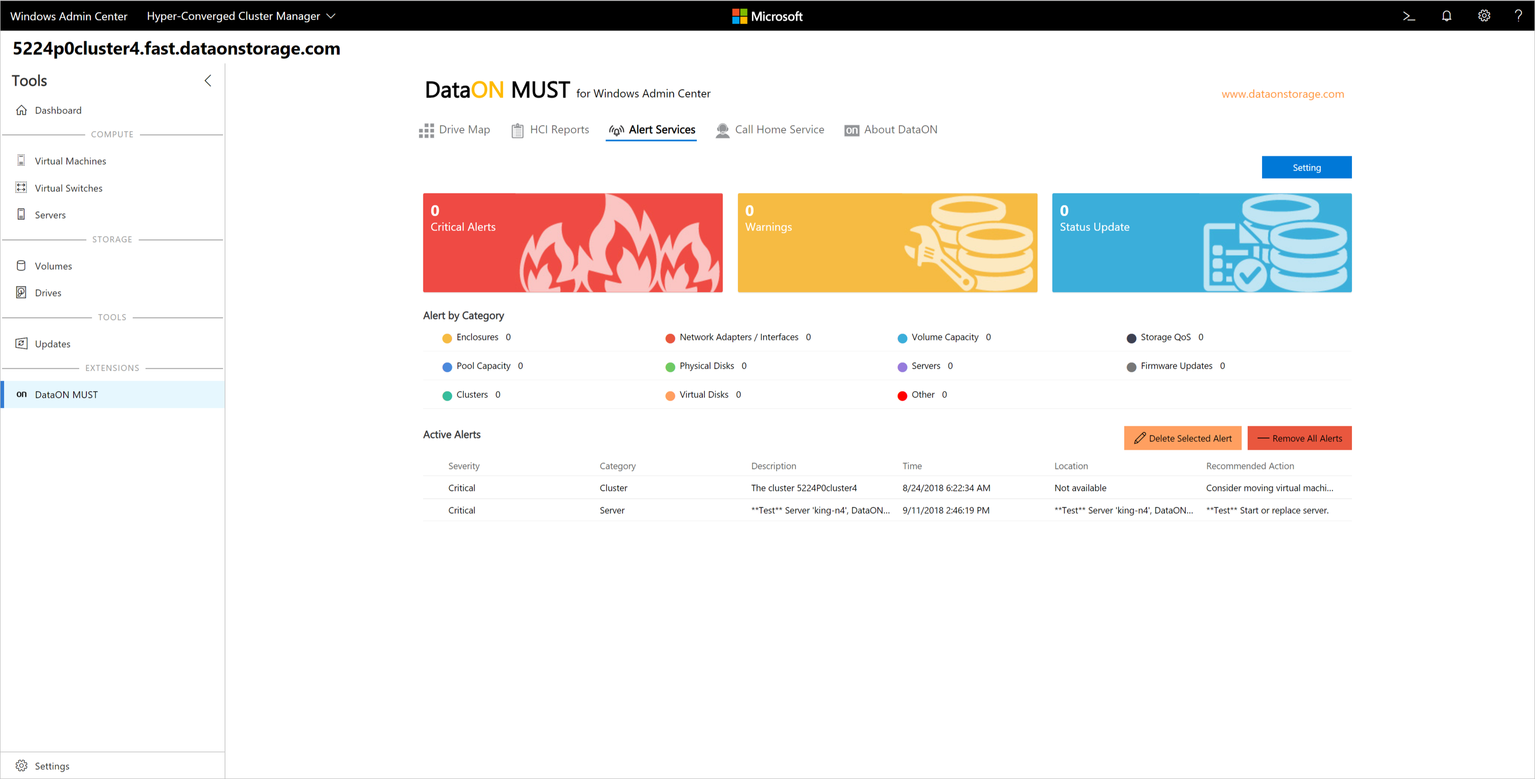 Screenshot di Windows Admin Center che mostra i servizi di avviso nell'estensione DataON MUST.