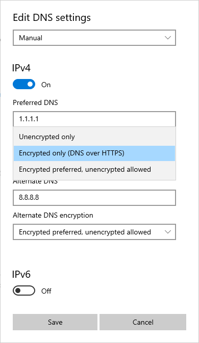 screenshot delle impostazioni DNS