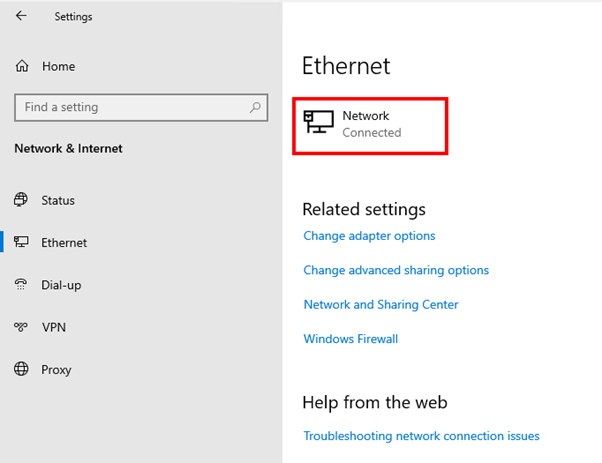 screenshot delle impostazioni Ethernet