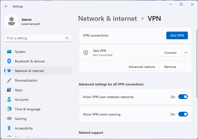 Screenshot della pagina VPN con il profilo selezionato nell'app Impostazioni di Windows 11.
