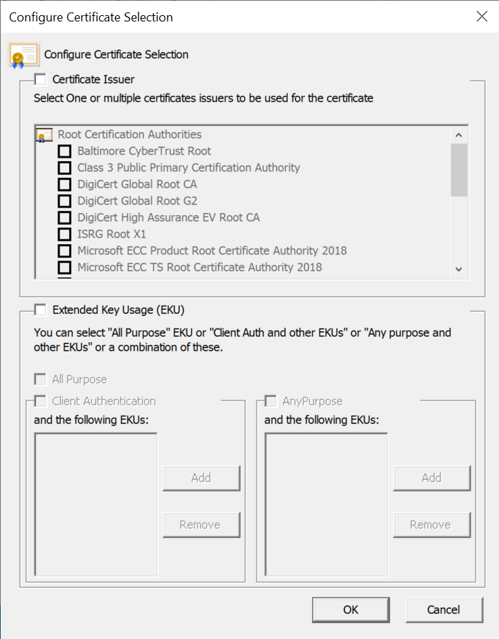 screenshot che mostra la finestra di dialogo Configura selezione certificato.
