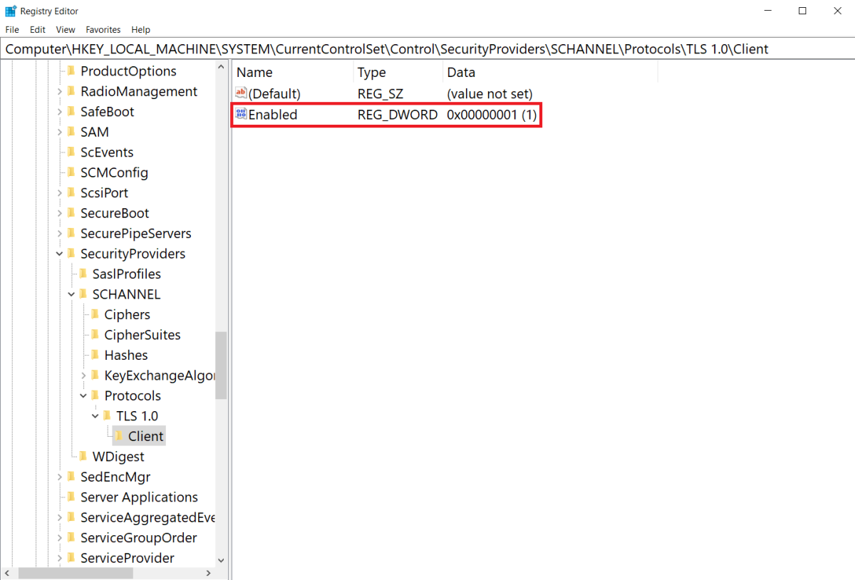 Screenshot dell'opzione Abilitare TLS 1.0 lato client nell'impostazione del Registro di sistema di Windows Server.