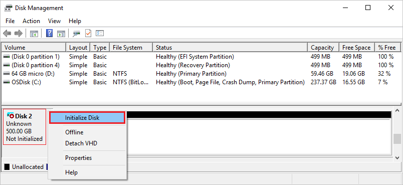 Screenshot che mostra Gestione disco e il menu di scelta rapida per un disco non formattato con l'opzione Inizializza disco selezionata.