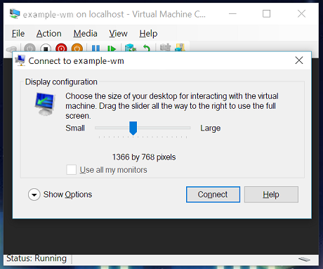 Screenshot della finestra di dialogo di connessione. Sotto le dimensioni, impostate su 1366 per 768 pixel, è visibile un pulsante Mostra opzioni.