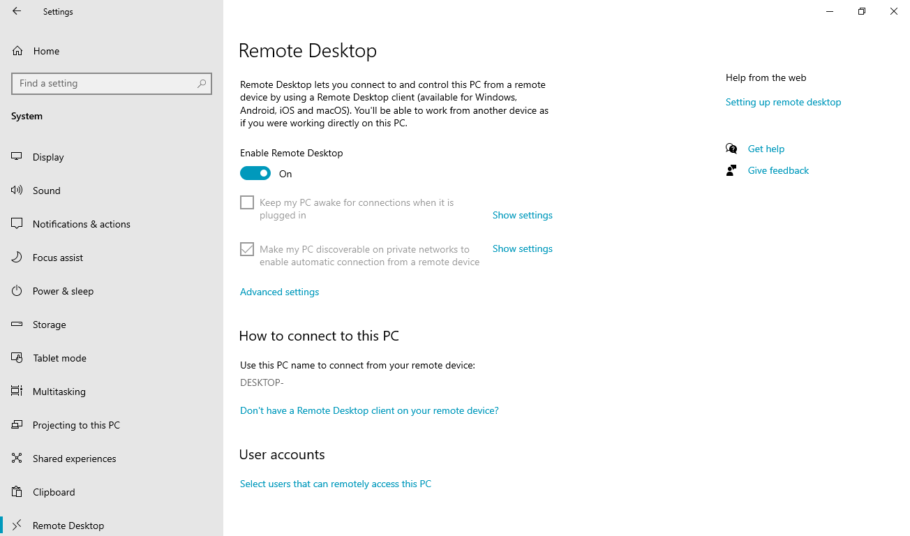 Screenshot della pagina Desktop remoto nell'app Impostazioni. L'interruttore Abilita Desktop remoto si trova nella posizione attiva.