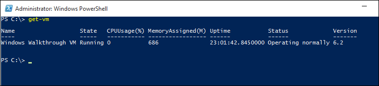 Screenshot della schermata Amministratore di Windows Power Shell che mostra l'output dopo aver immesso Get V M.