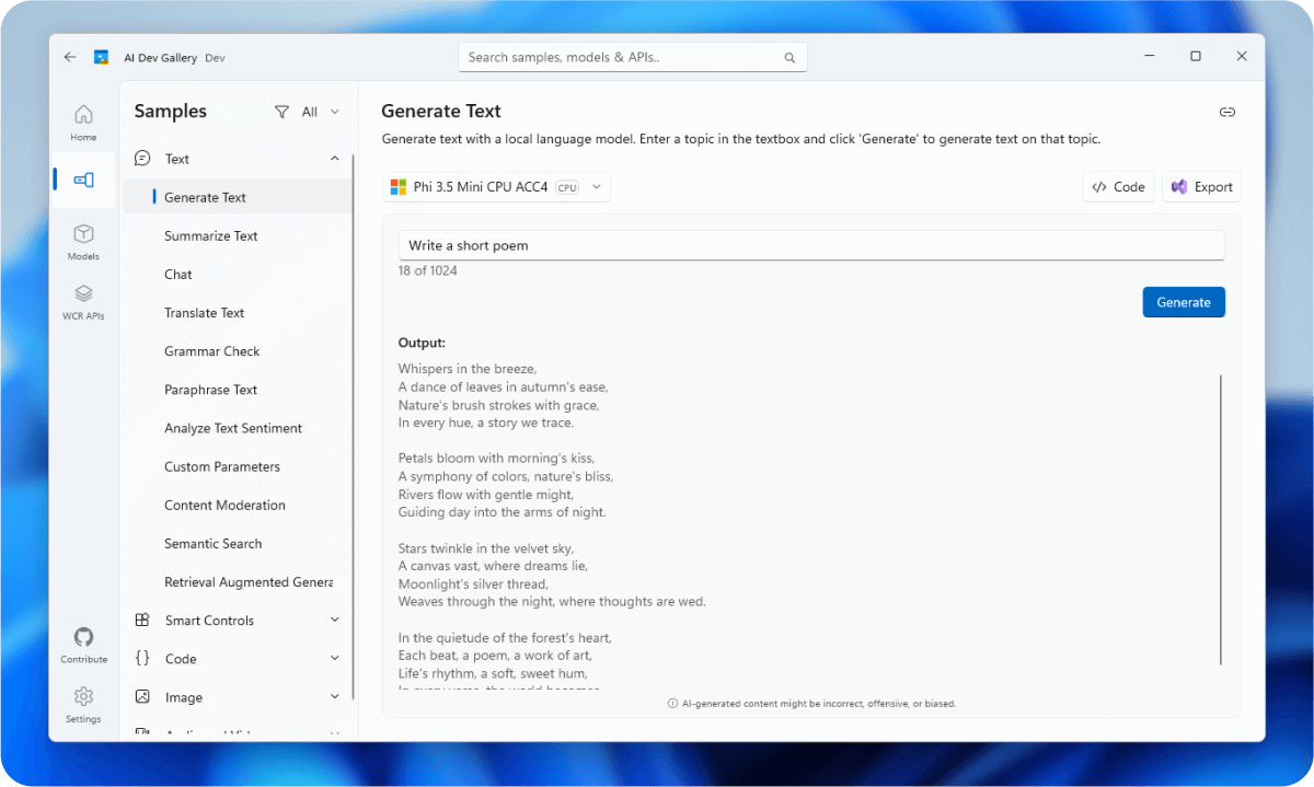 Screenshot dell'app AI Dev Gallery che usa un esempio di testo AI-Generated
