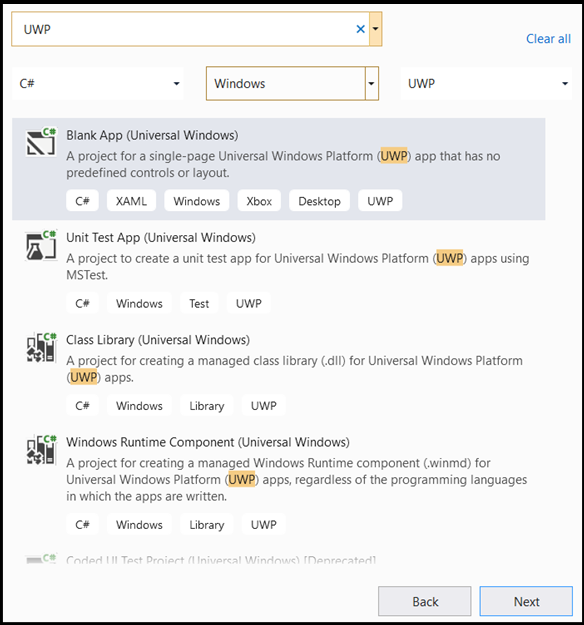 Creare una nuova app UWP