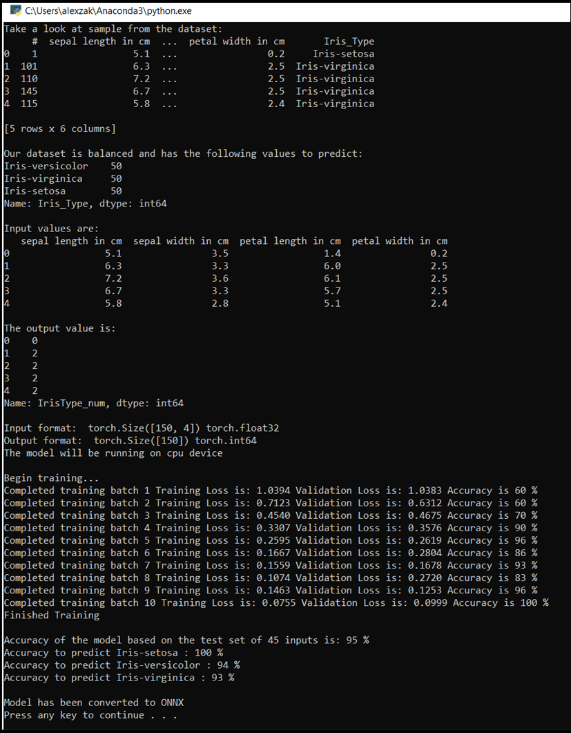 Output dell'addestramento iniziale del modello