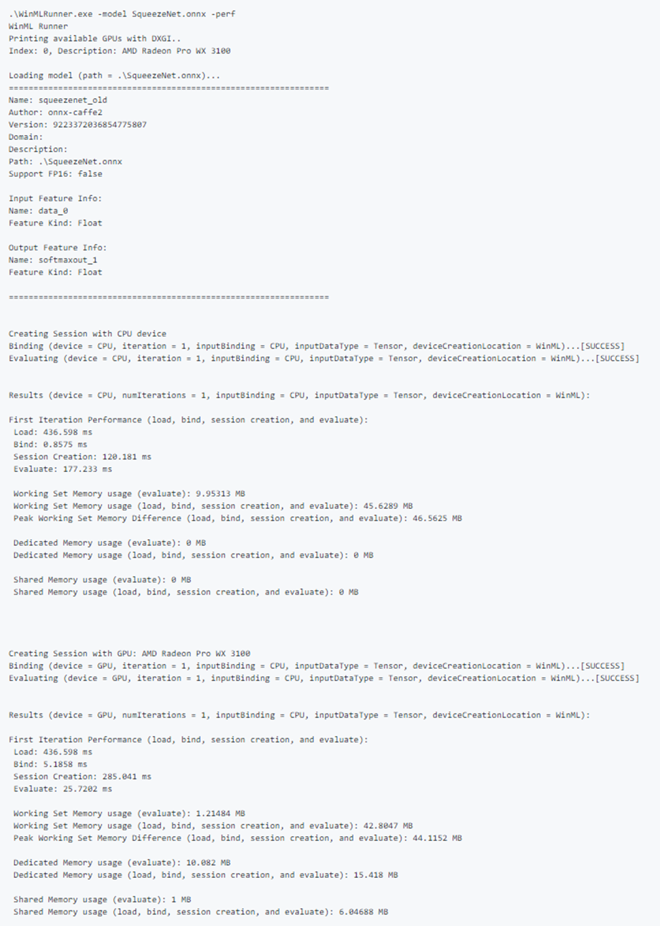 Output delle prestazioni di esempio