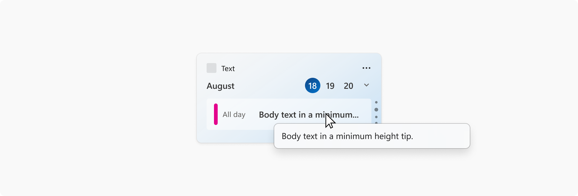 Immagine di un widget di calendario che mostra un appuntamento. Il cursore del mouse passa sopra la riga dell'oggetto dell'appuntamento troncata, mentre un tooltip mostra l'oggetto completo.