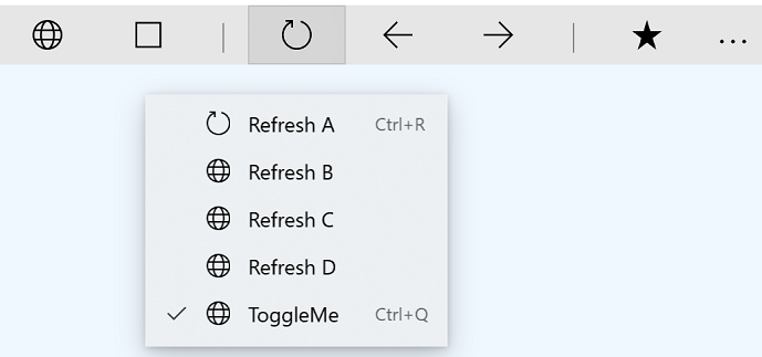 Screenshot di un menu con elementi MenuFlyoutItem che includono combinazioni di tasti di scelta rapida.
