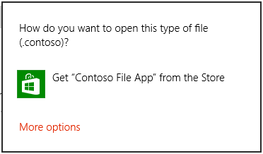 La finestra di dialogo 'Apri con' per l'avvio del file .contoso. Poiché per .contoso non è installato un gestore sul computer, la finestra di dialogo contiene un'opzione con l'icona dello Store e un testo che guida l'utente al gestore corretto nello Store. La finestra di dialogo contiene anche un collegamento 